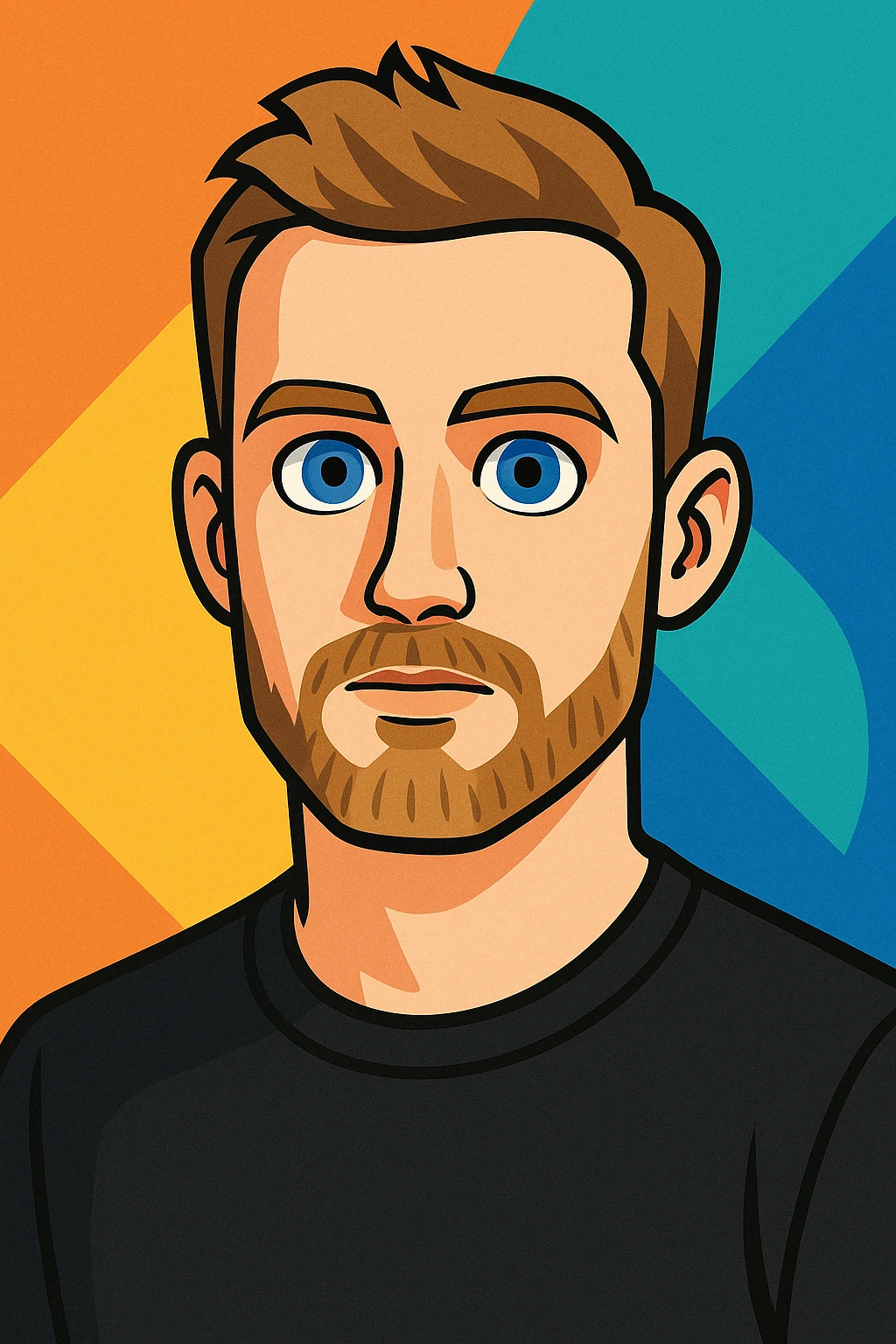 man with short light brown hair styled upward, beard and mustache, fair skin, large blue eyes, neutral facial expression, wearing black shirt, semi-realistic cartoon style emoji