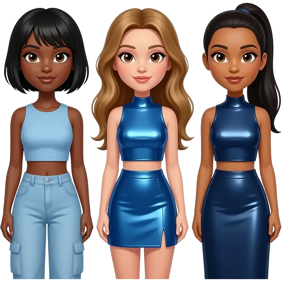 3LW with Naturi with dark skin, brown eyes, short black hair, light blue crop top and baggy pants, Adrienne with brown eyes, olive skin, long golden brown hair, indigo metallic crop top and skirt, Kiely with tan skin, hazel eyes, long black ponytail hair, dark blue metallic crop top and long skirt emoji