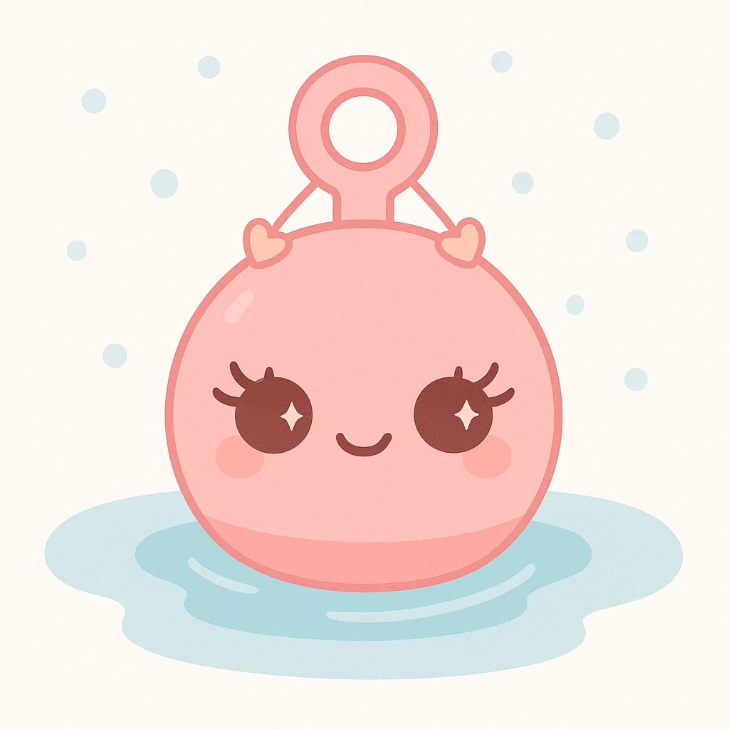 cute pink buoy with eyelashes and pendants, floating on blue water, girly vibe, adorable, soft colors emoji