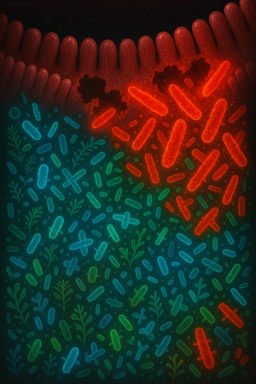 Scientific visualization of a man's intestinal lining. A healthy, diverse garden of glowing blue and green probiotic bacteria is being overtaken and outnumbered by aggressive, inflammatory red and orange pathogenic bacteria, creating patches of damage and imbalance. Dark, clinical background. emoji