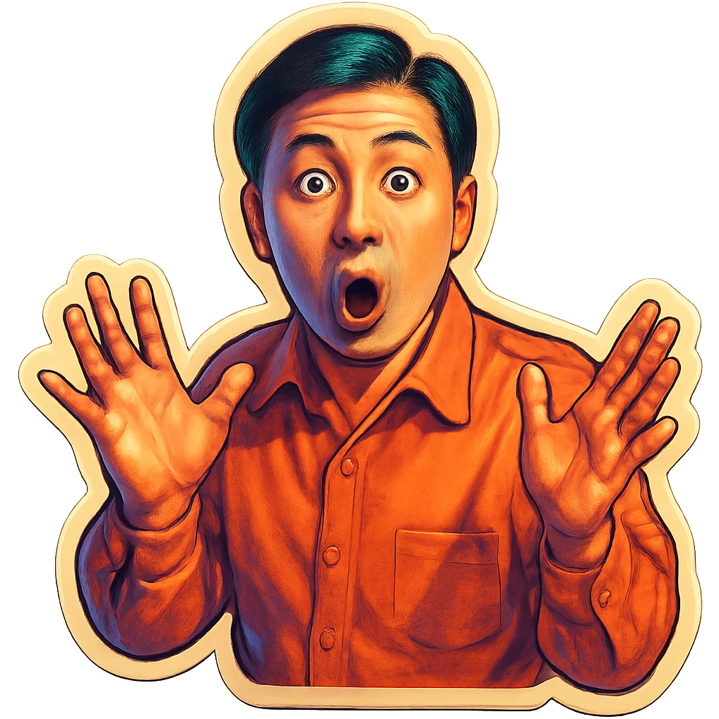 The same Japanese man looks at the viewer with a surprised look, and his hands are empty emoji