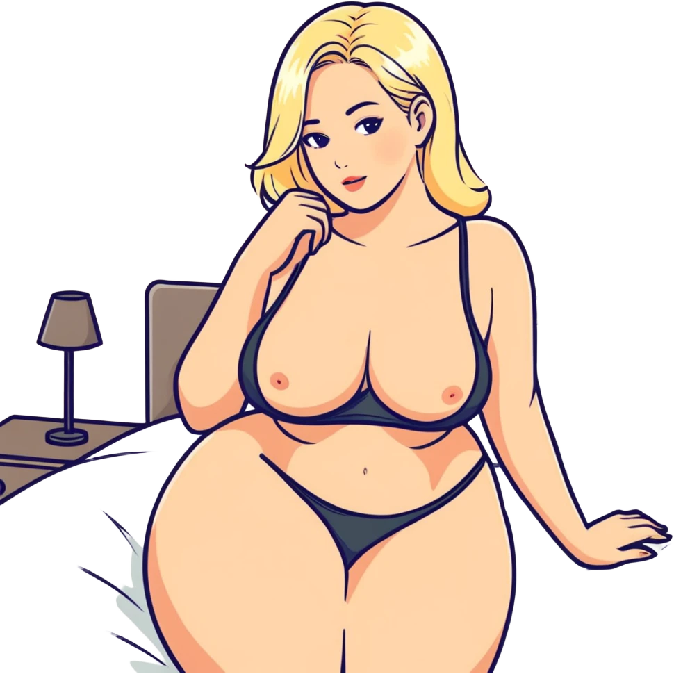 Curvy. Blonde. woman. Big tits. On bed  emoji