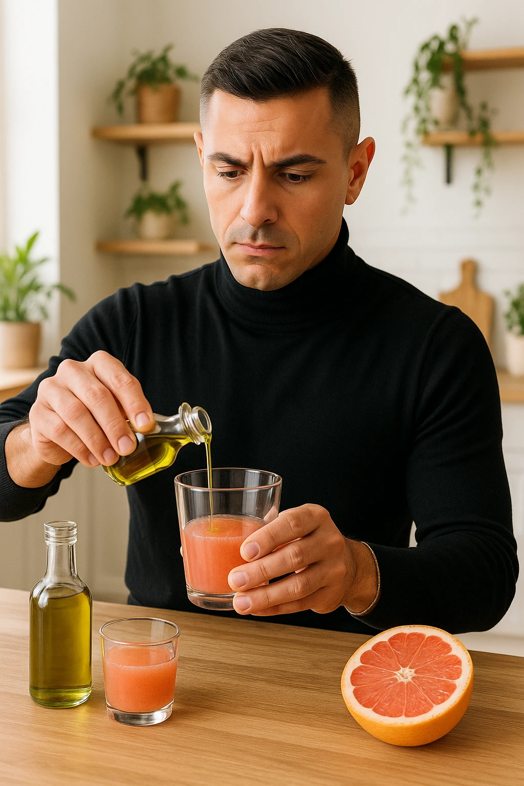 A realistic, warm-toned photo-style image of a man in his kitchen preparing a liver and gallbladder flush. On the counter, there is a small glass bottle of high-quality extra virgin olive oil with a rich green hue, and a freshly cut pink grapefruit with a small glass of its juice next to it. The man, in his mid-30s, looks focused and slightly apprehensive as he mixes the olive oil and grapefruit juice in a clear glass, preparing to drink it as part of a natural gallbladder cleanse. The background is clean, bright, and minimalist with wooden countertops, green plants, and sunlight coming through the window, giving a sense of natural health practices. The mood conveys a realistic moment of alternative health care, illustrating the preparation and intention for a natural flush to address gallstones, while maintaining a calm, educational, and hopeful tone emoji
