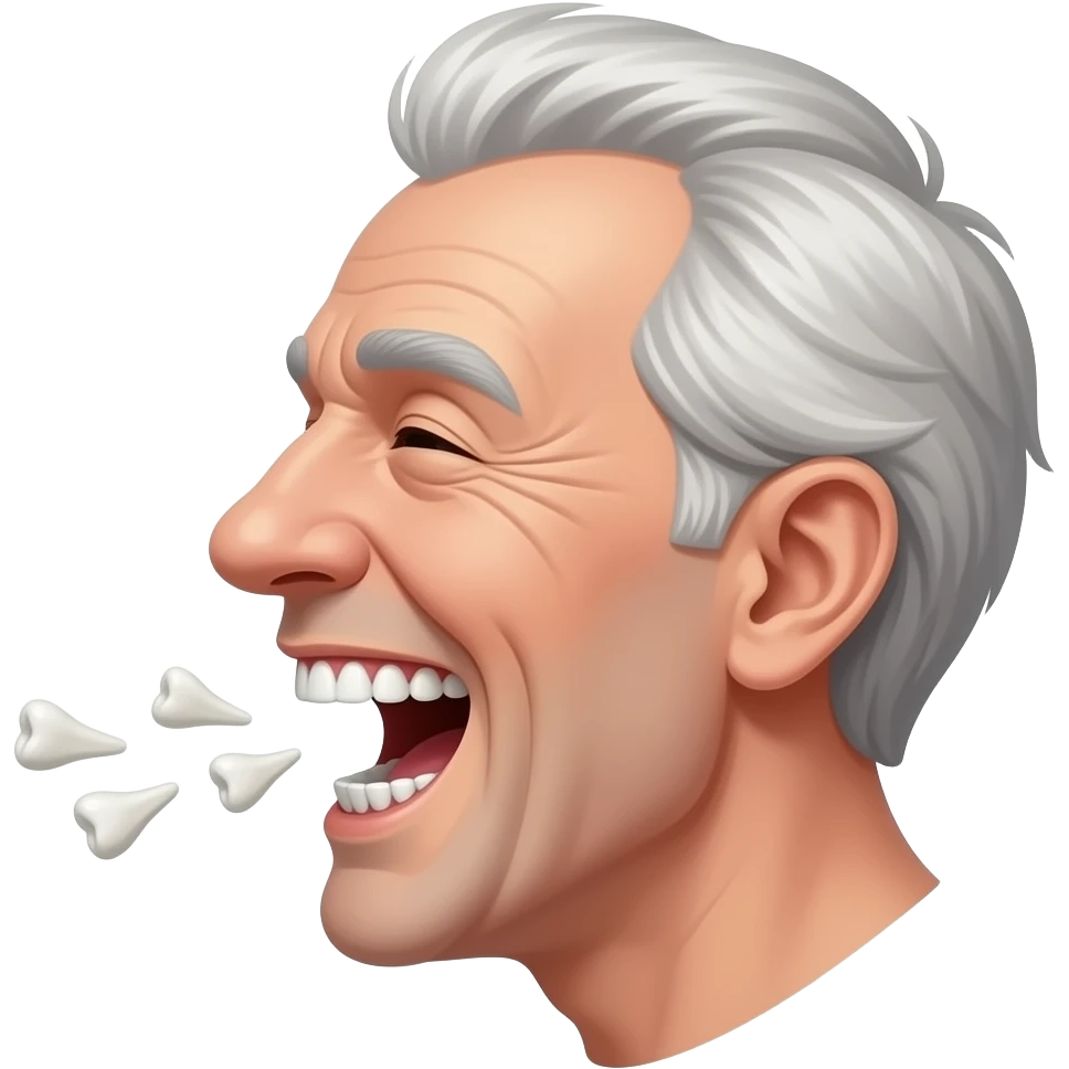 side view of an old man laughing with his dentures flying out of his mouth leaving him toothless emoji