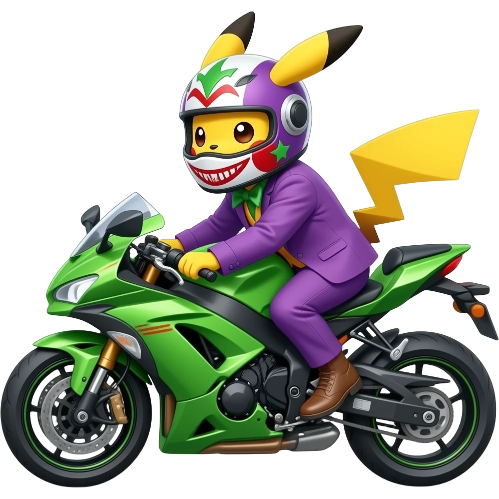 Pikachu riding green ninja mototcycle and joker helmete emoji