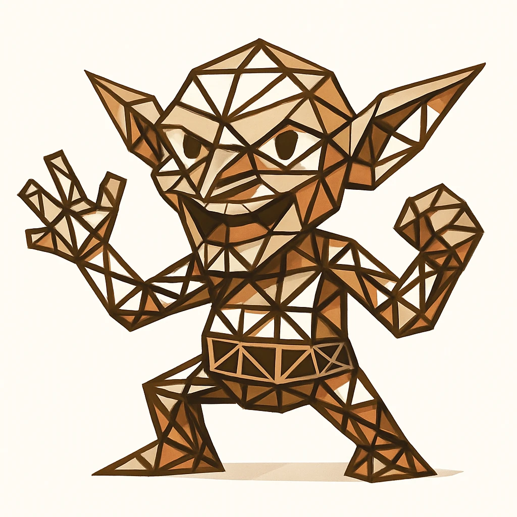 an architectural goblin constructed from geometric truss beams, playful expression, white background emoji