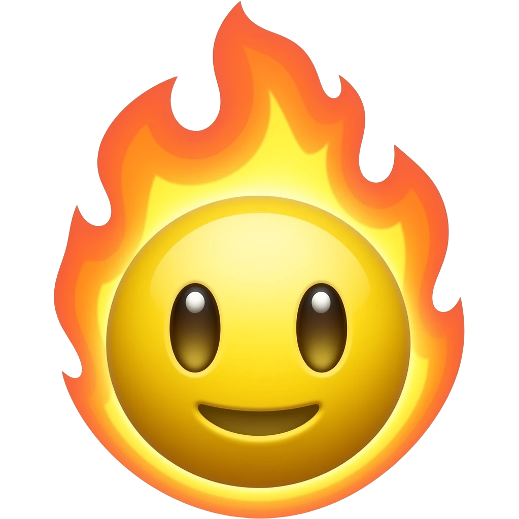 Yellow circle head emoji with eyes and a mouth in fire emoji