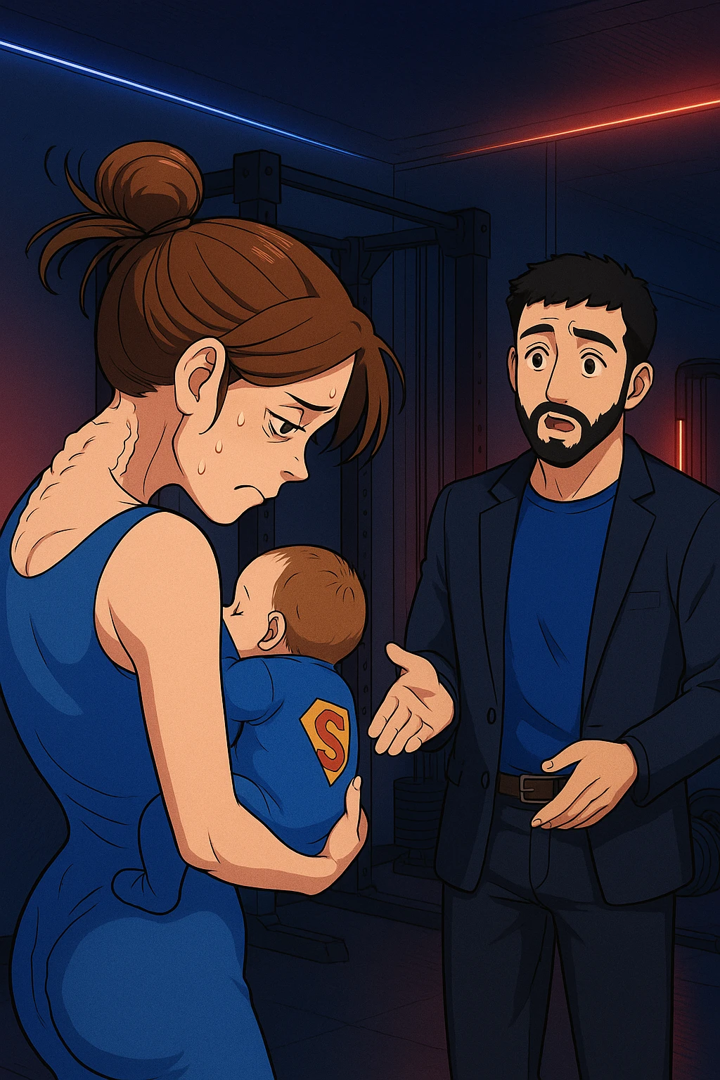 ispirati a questo stile di disegno e fai questa immagine in versione manga/webtoon a colori, il manga mostra la donna preoccupata di profilo con la postura sbagliata e incurvata, spalle chiuse e curve in avanti, con un neonato in braccio con una tutina azzurra e la scritta "S" sulla schiena, spina dorsale storta della donna in evidenza mentre ascolta l'uomo mentre l'uomo gli sta spiegando una cosa, ma non fare i fumetti, fai come se stessero parlando emoji