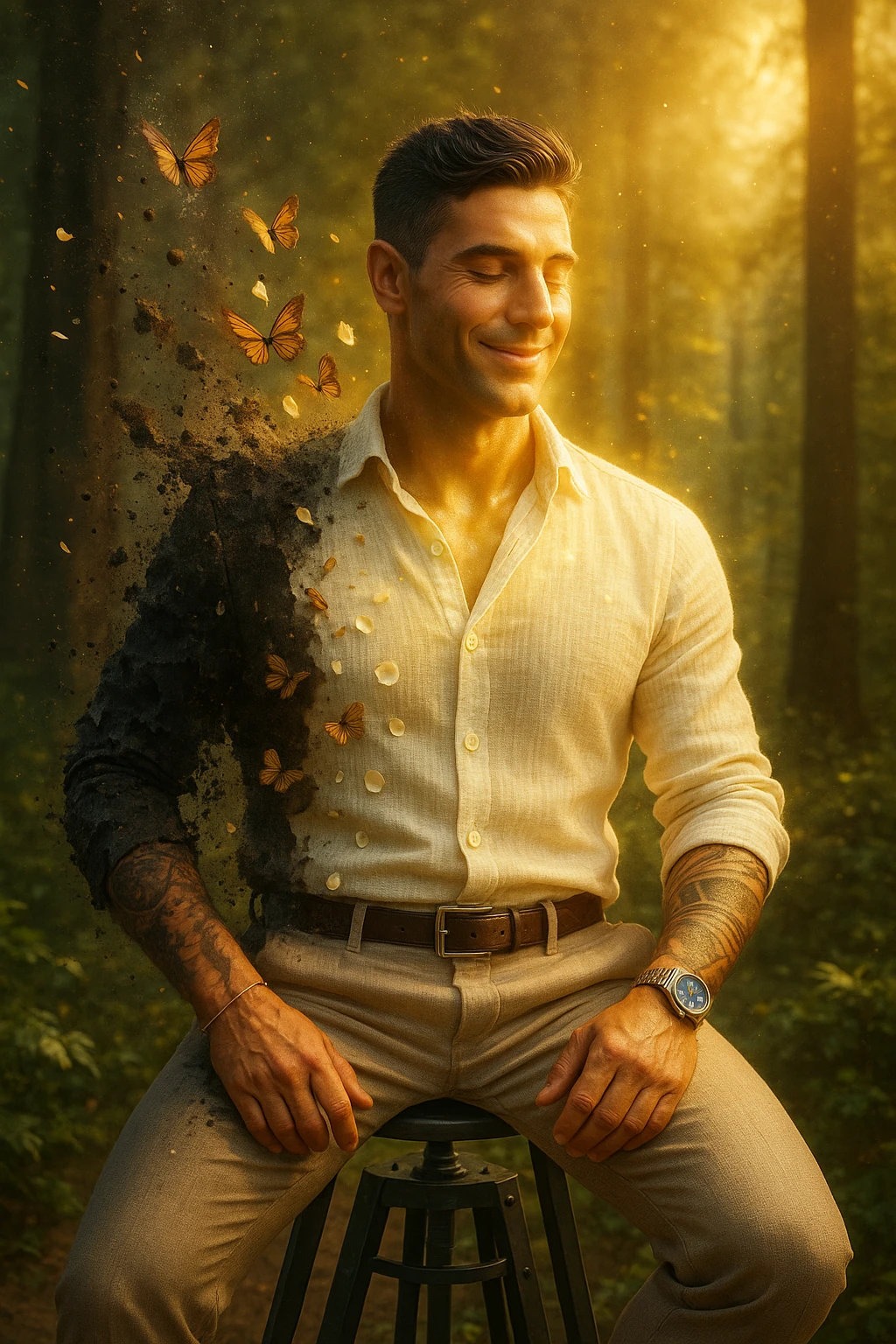 Trasformazione cinematografica: uomo d'affari in giacca sintetica nera che si sfalda come cenere, mentre da dentro emerge una nuova versione di sé vestita di lino color avorio, farfalle che nascono dalle fibre di cotone biologico, petali di fiori che si trasformano in bottoni di madreperla, capelli che diventano più folti e luminosi al contatto con tessuti naturali, pelle che letteralmente respira vapore dorato, city background che si trasforma in foresta rigogliosa, slow motion epico con particelle di luce danzanti emoji