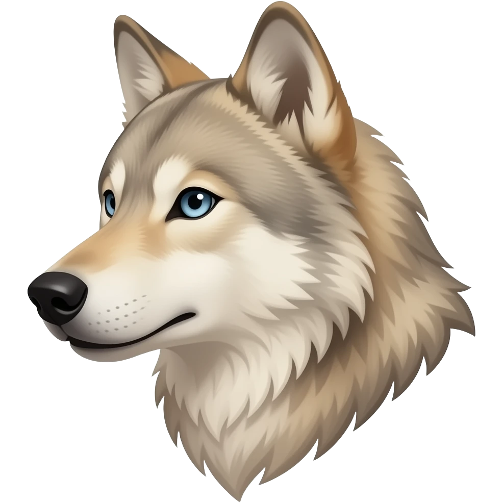 A little bit realistic handsome royal Adult alpha Beige wolf head very realistic Turn sideways light blue gray eyes emoji