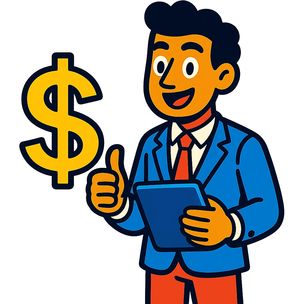 vibrant cartoon style entrepreneur with tablet and dollar symbol emoji