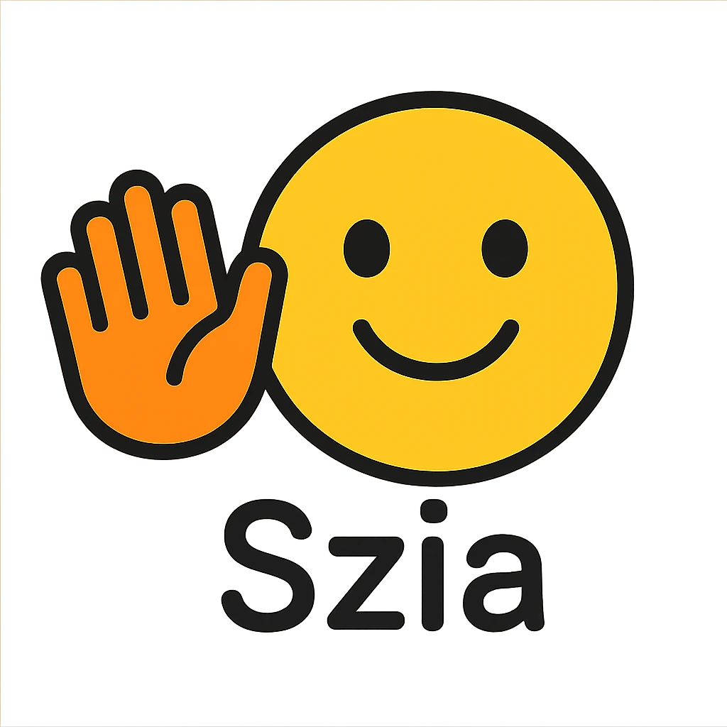 Create a friendly, modern waving thank you emoji with the text "Szia" included, suitable for a YouTube channel with a transparent background. The style should be color outlined with black outlines and support text. emoji