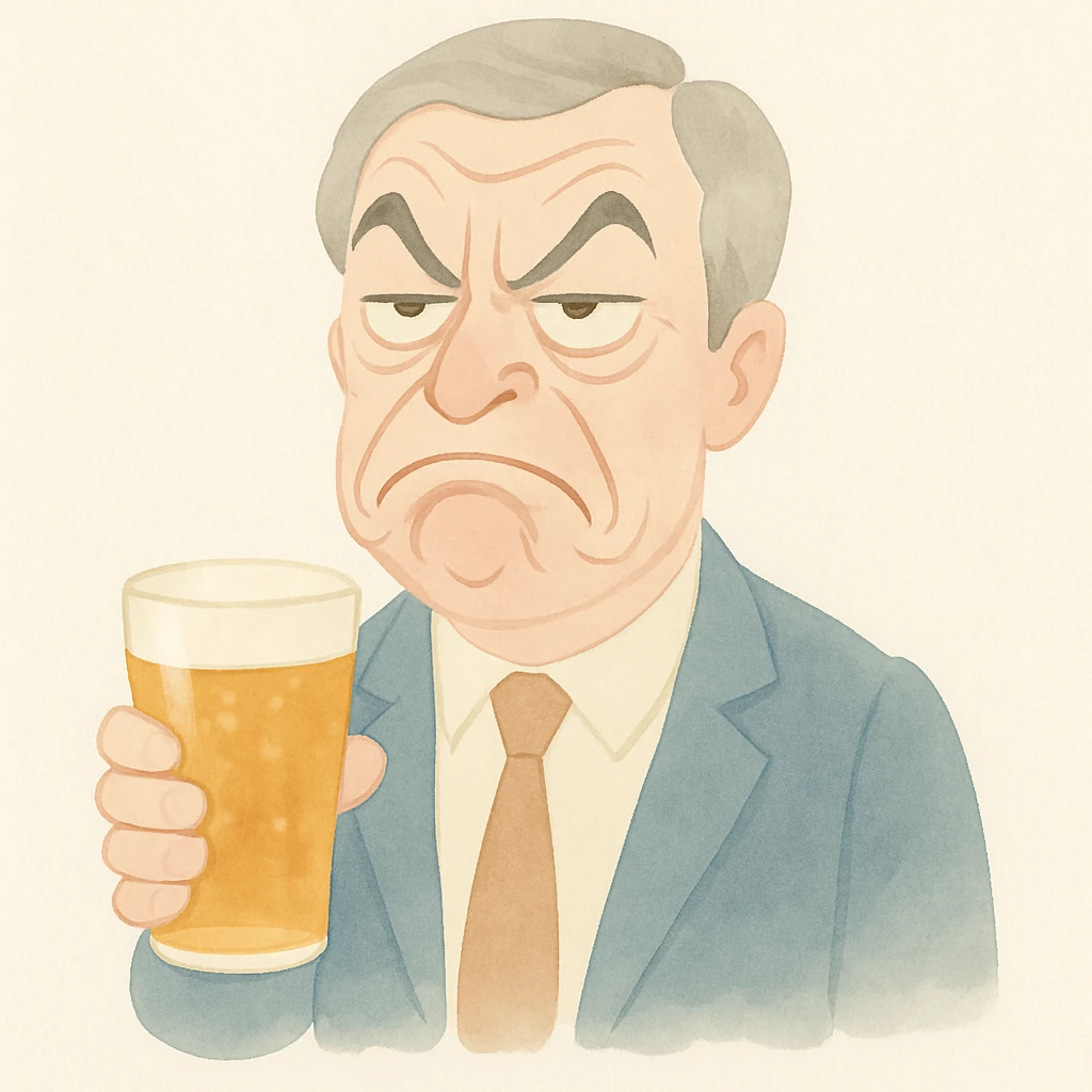 Make it funny: Nigel Farage looking grumpy but comically exaggerated, holding a pint of lager, in a watercolor illustration style. emoji