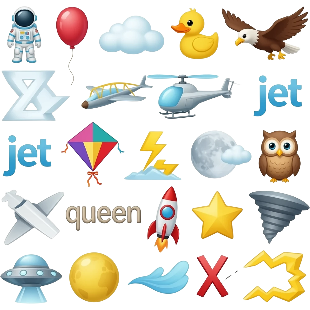 Air alphabet: astronaut, balloon, cloud, duck, eagle, fly, glider, helicopter, ice, jet, kite, lightning, moon, Neptune, owl, plane, queen, rocket, star, tornado, ufo, Venus, wind, x-rays, yellow, zigzag emoji