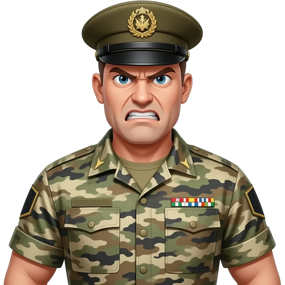 white drill sergeant character wearing a classic sergeant hat and a camouflage army shirt. The character should have an angry intense expression. full torso and arms emoji