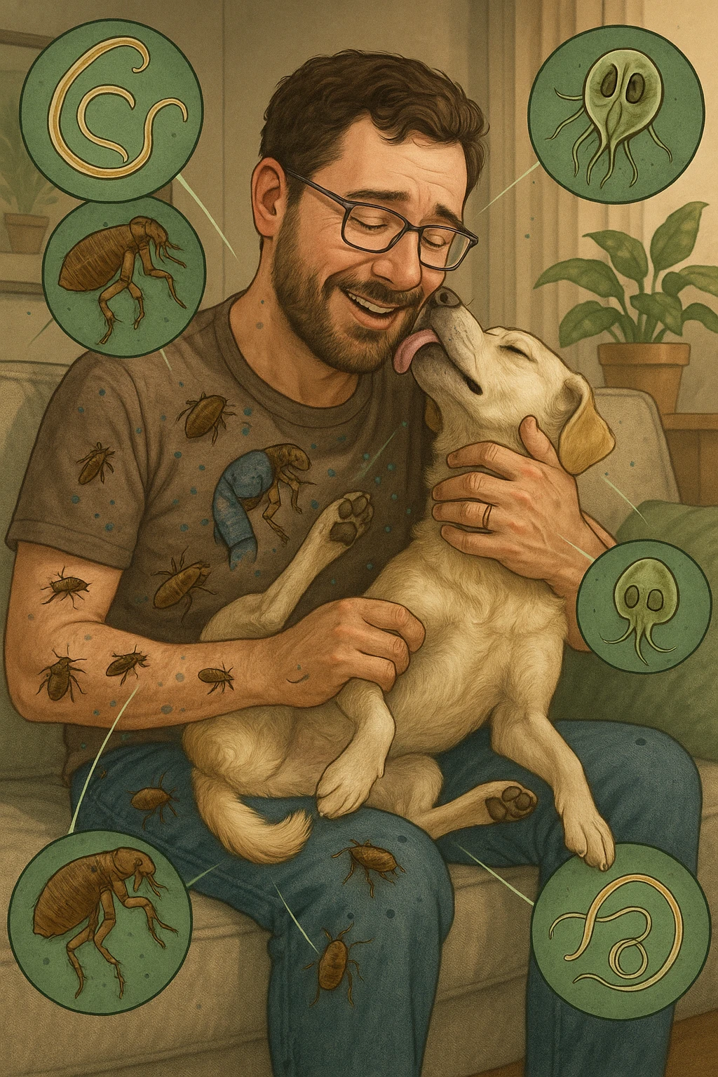 "Man cuddling with his beloved dog on couch, unaware that fleas, ticks, and worms are jumping from pet's fur onto his clothing, microscopic visualization showing roundworms, hookworms, and giardia transferring between species, expression of loving pet owner ignorant of health risks, living room becoming cross-contamination zone, pet's scratching and licking spreading parasites to human environment" in italiano emoji
