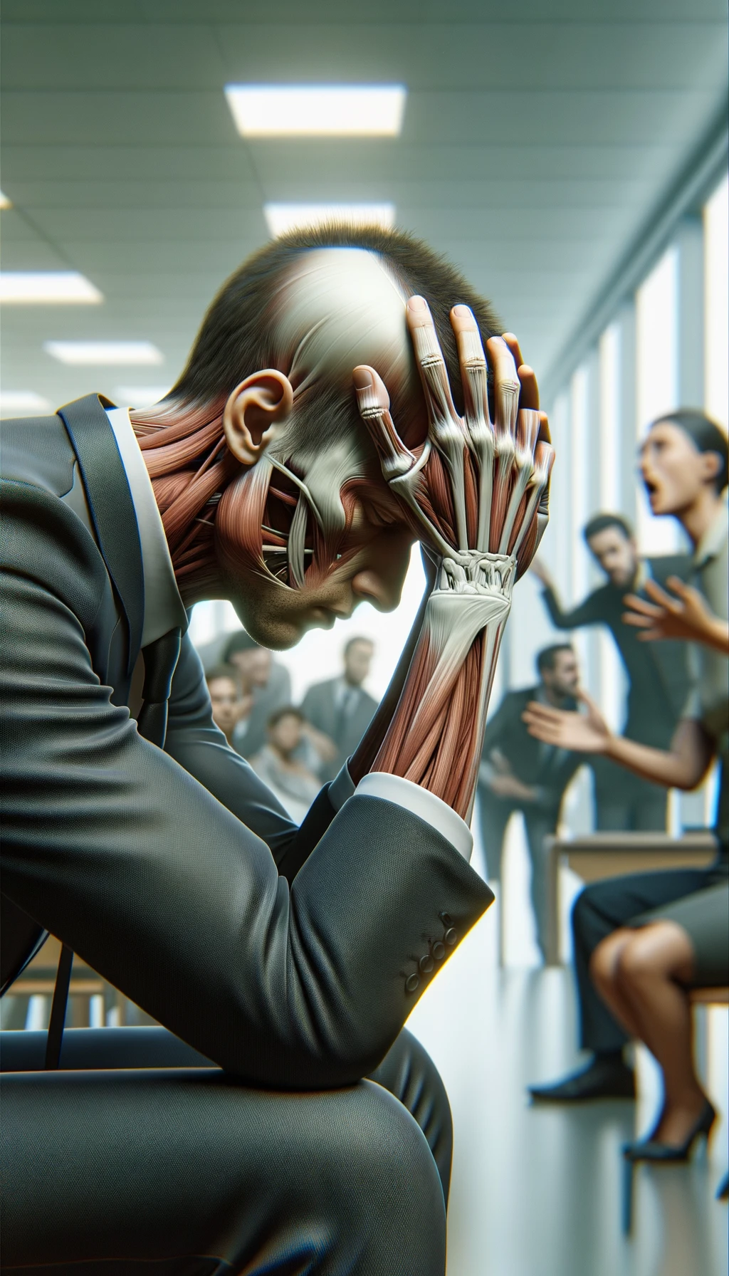 CORPO UMANO ANATOMICO SEDUTO IN UFFICIO CON PERSONE SFOCATE SULLO SFONDO CHE GLI PARLANO E LO ASSILLANO, LUI SI TIENE LE MANI SULLA TESTA ED è MOLTO STANCO E STRESSATO, IPERREALISTICO 4K emoji