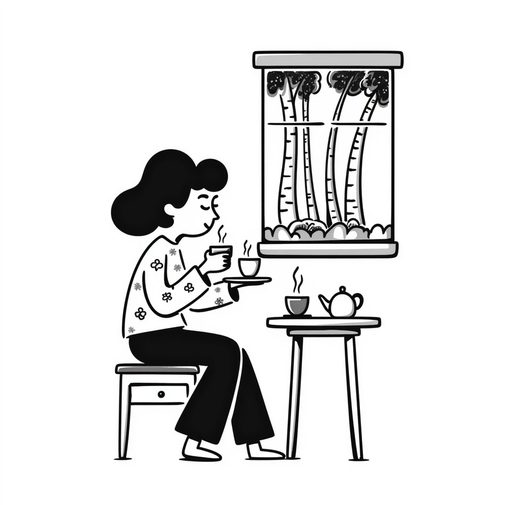 A woman enjoying tea by a window with a forest view emoji