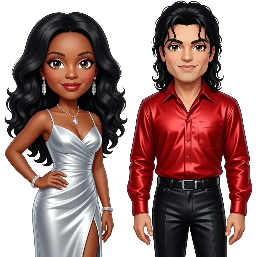 Diana Ross with brown eyes, long black hair, silver long dress, Michael Jackson with brown eyes, long black hair, red metallic shirt, black metallic wide leg pants emoji