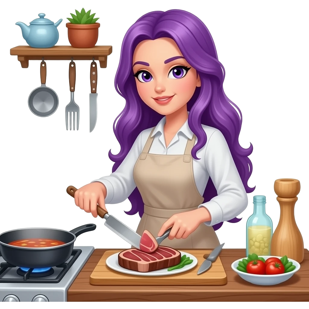sexy girl with long purple hair and purple eyes is cooking emoji