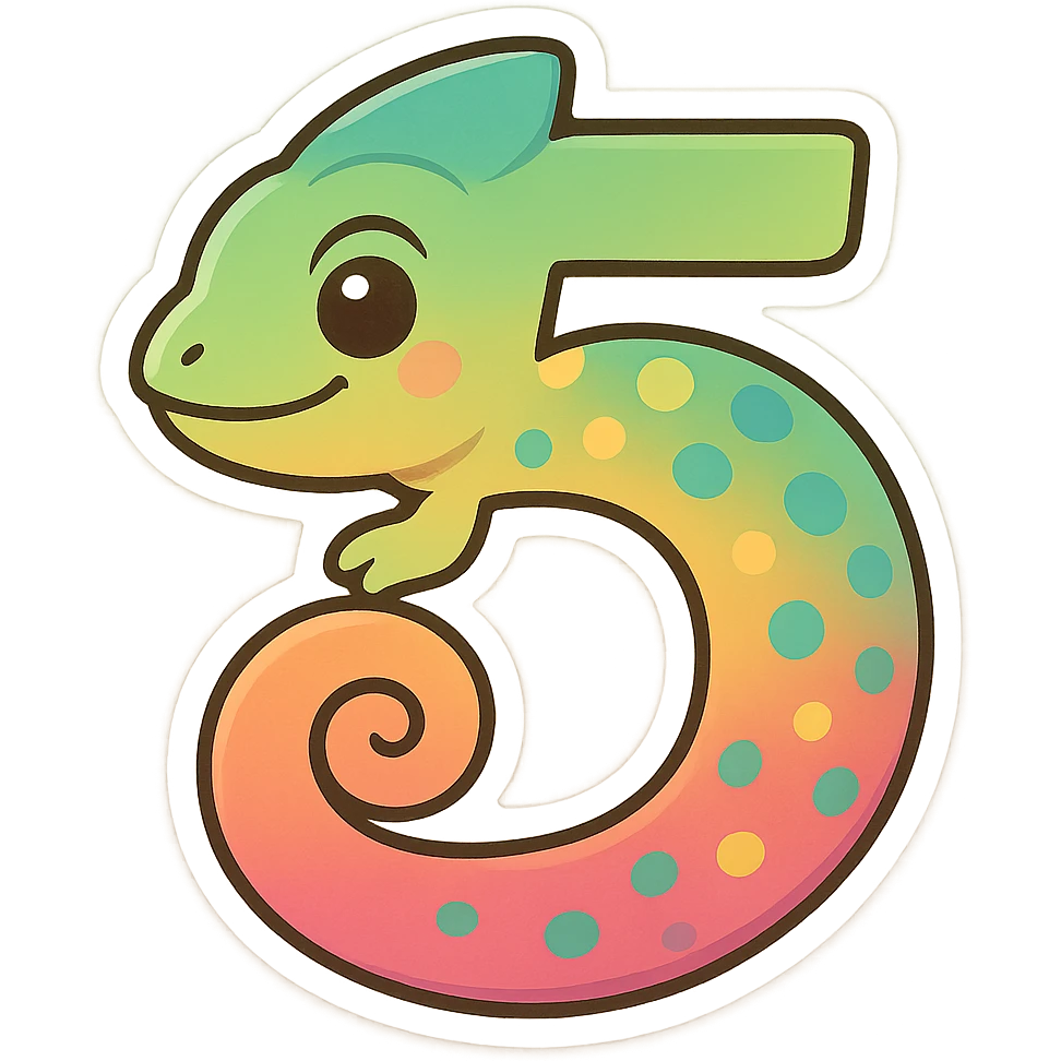 colorful and playful chameleon shaped like the number 5, blending its body into the form of the digit emoji