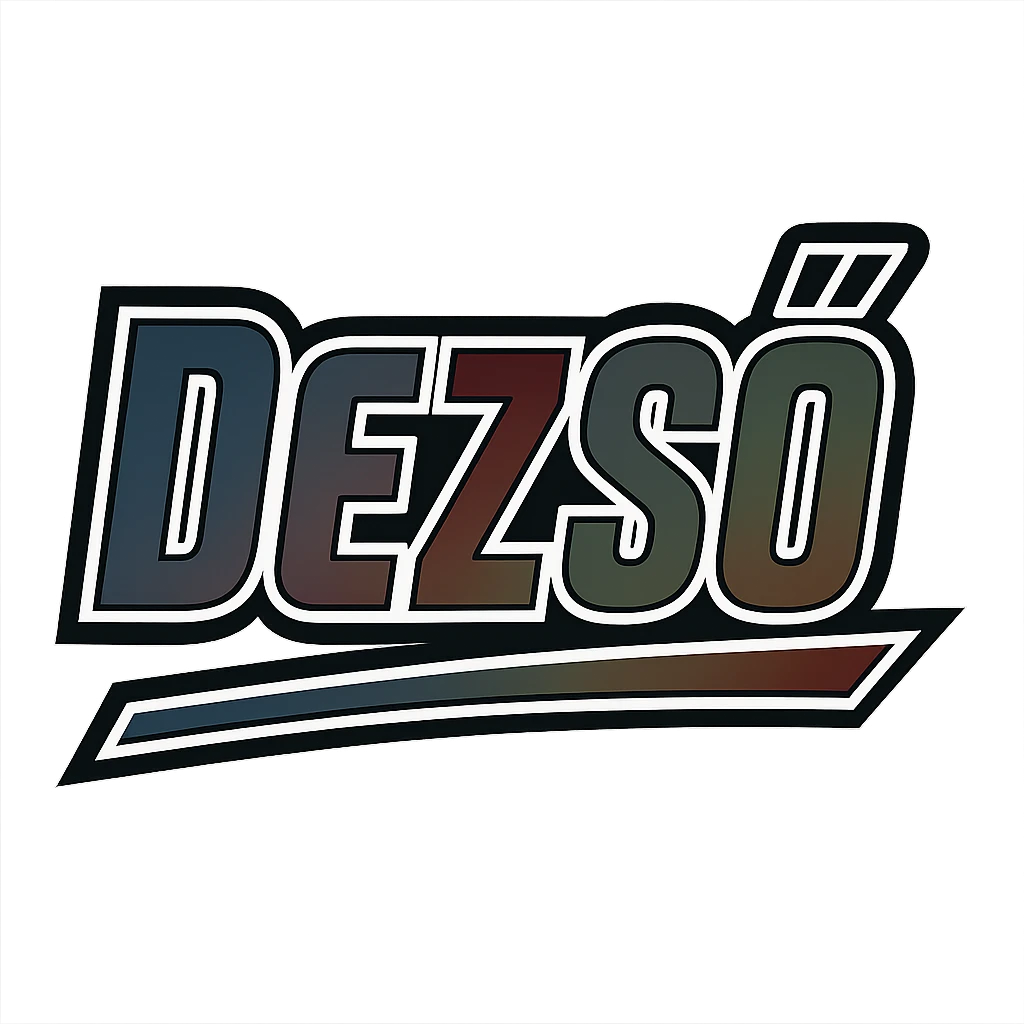 Dezső name in masculine, modern gradient font with precise Hungarian characters (long ő), dark outline, extra bold, prominent white letter border, dynamic slanted underline, masculine color gradient (blue, gray, burgundy, green, brown), 1000x1000 px, PNG, transparent background emoji