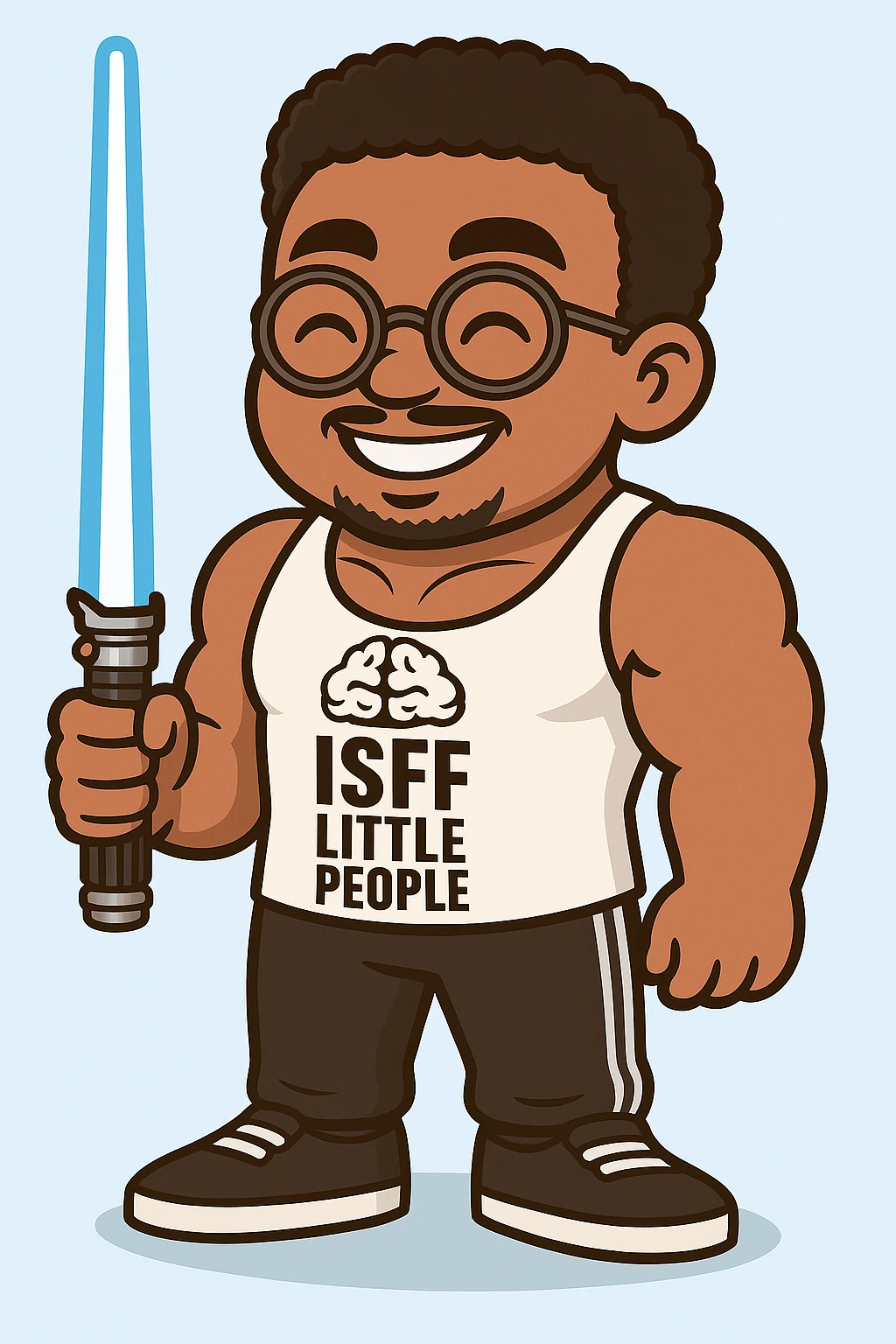 Add a detailed cartoon style lightsaber in the character's hand, keeping the light blue background as is. emoji