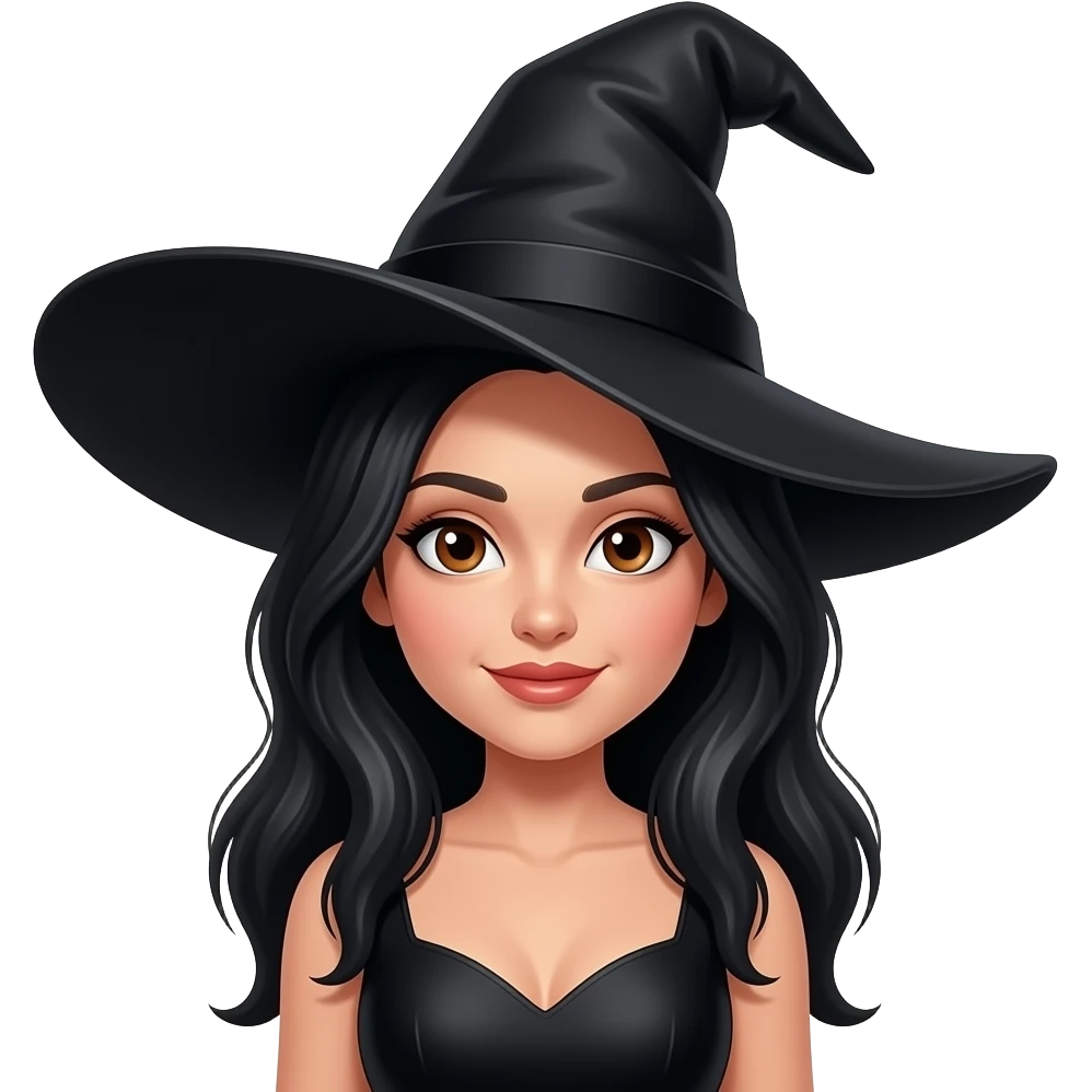hot witch with pointy black hat and black dress with black hair with brown eyes emoji