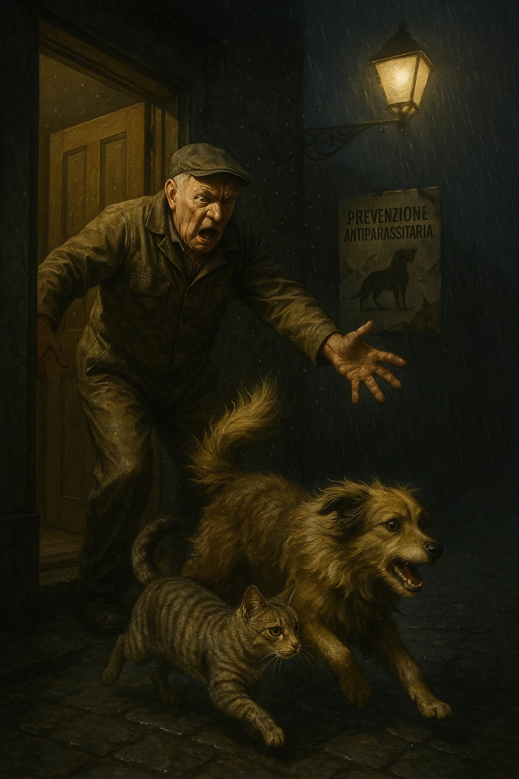 Un uomo anziano in tuta da lavoro, con espressione arrabbiata, butta fuori i suoi animali con aperta la porta di casa mentre il suo cane (un meticcio a pelo lungo) e il gatto (soriano) scappano nella strada buia sotto la pioggia. Particelle di polvere/pulci fluttuano nell'aria illuminata dal lampione. Sullo sfondo, un poster strappato del veterinario con scritto 'Prevenzione antiparassitaria'. Stile fotorealistico, illuminazione Caravaggesca, toni grigi e ocra. in italiano emoji