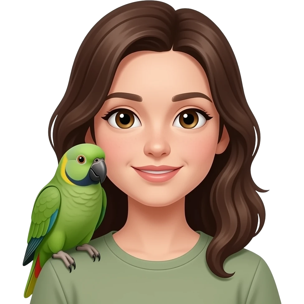 green indian ring neck parrot on a brown haired girls shoulder emoji