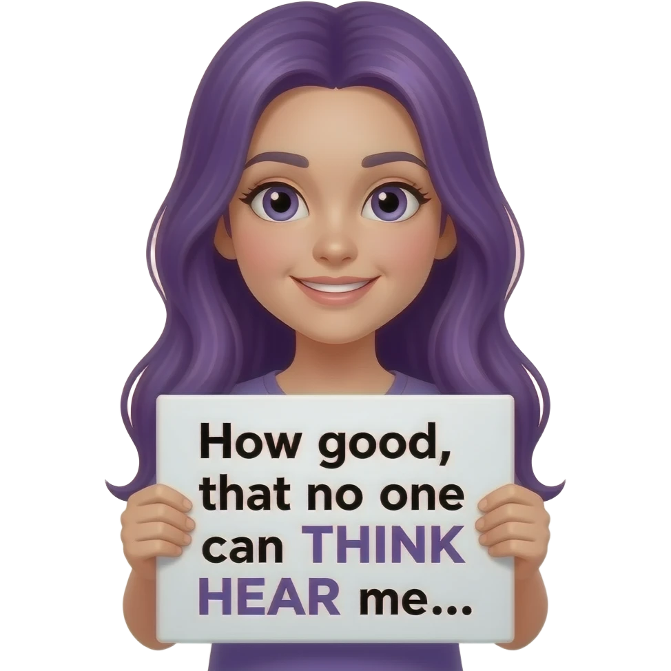 girl with long purple hair holding a Wie gut, dass mich keiner DENKEN HÖREN kann... sign emoji