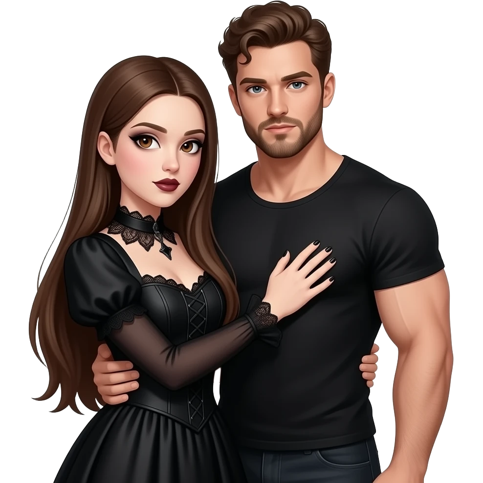 realistic pretty pale skin long straight brown hair girl brown eyes long face wearing gothic dress and gothic makeup HD and her muscular man short brown curly hair and beard hugging emoji