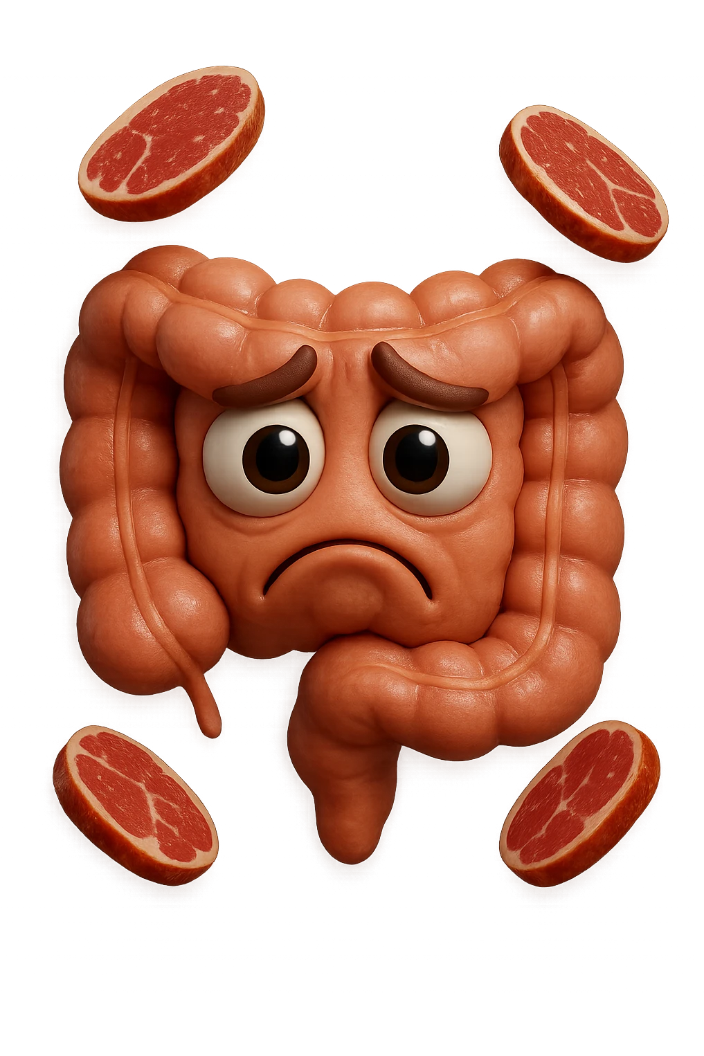 emoji stile iphone in 3d di un intestino triste con fette di carne che gli fluttuano intorno, gli occhi falli con la parte bianca pure, iperrealistico 4k emoji