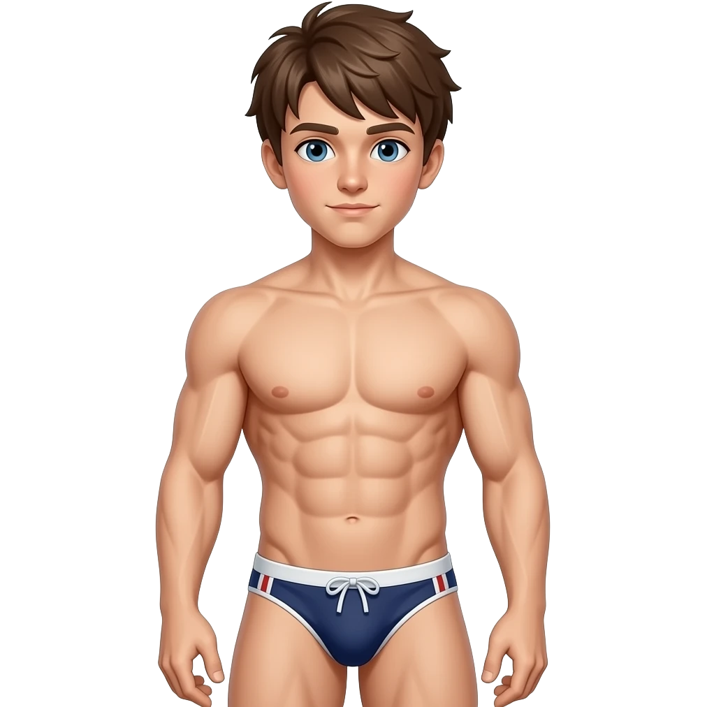 full body white boy with brown hair standing with muscular build in thong emoji