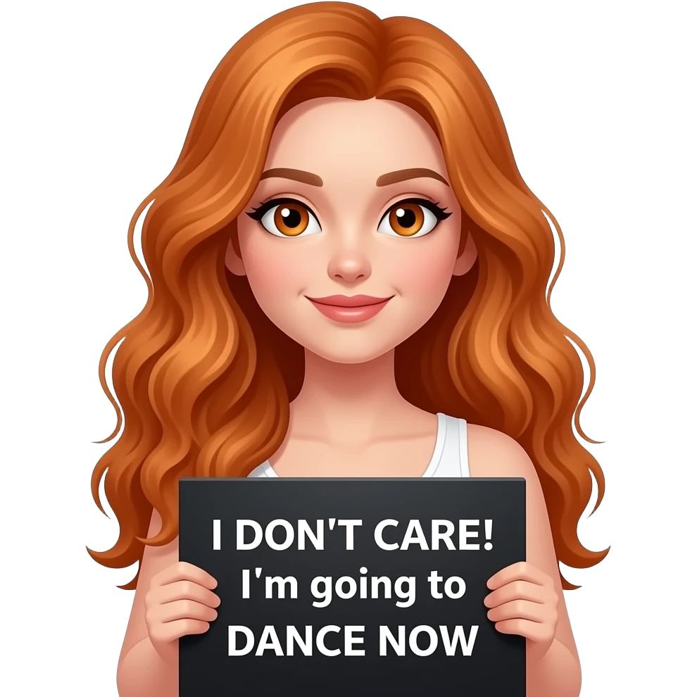 sexy girl with long wavy ginger hair and ginger eyes wearing a white tanktop is holding a black colored sign with I DON'T CARE! I'm going to DANCE NOW written on it emoji