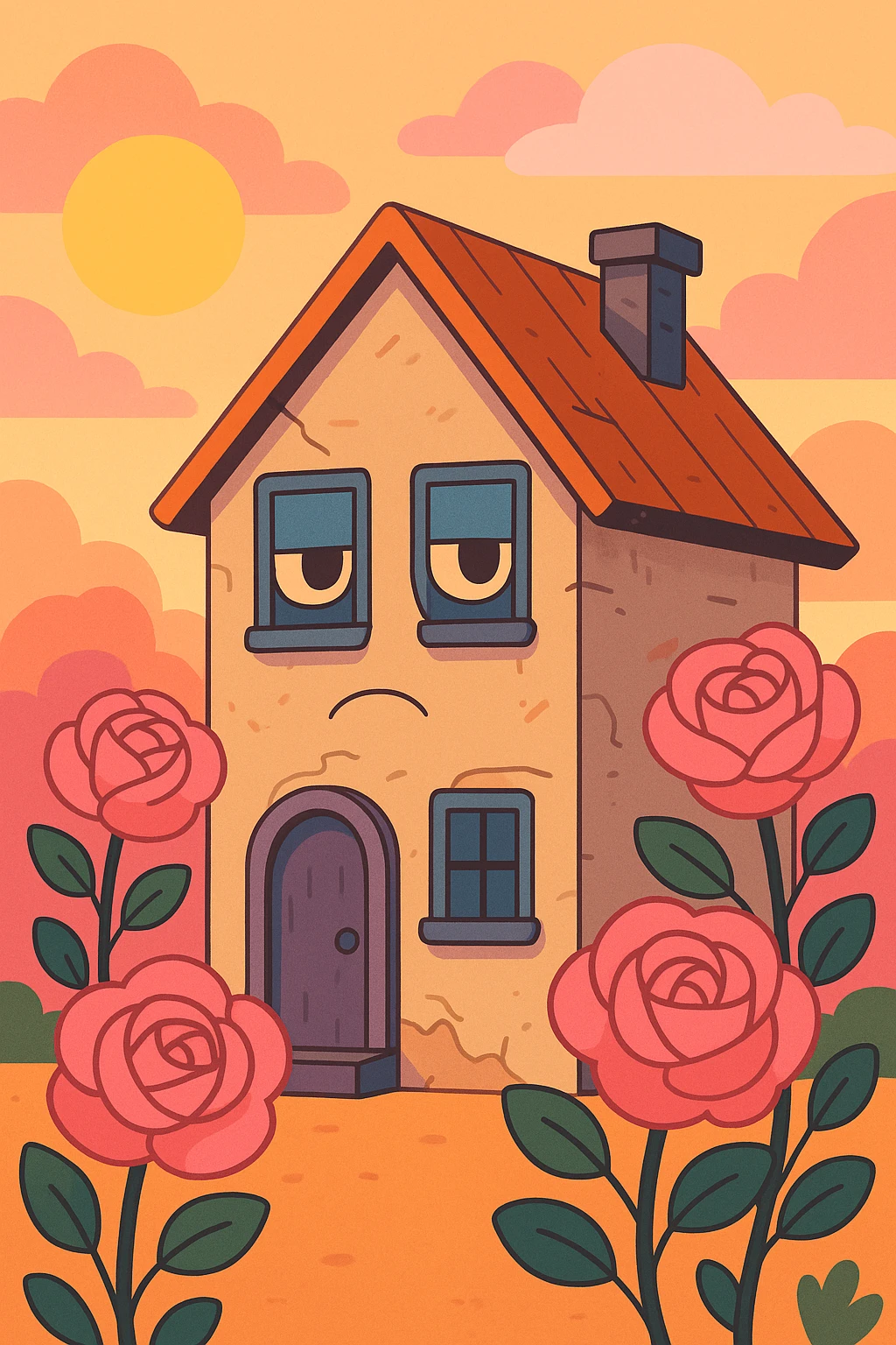shabby house with pink roses and a sunset, pastel color palette, gentle lighting, whimsical mood emoji