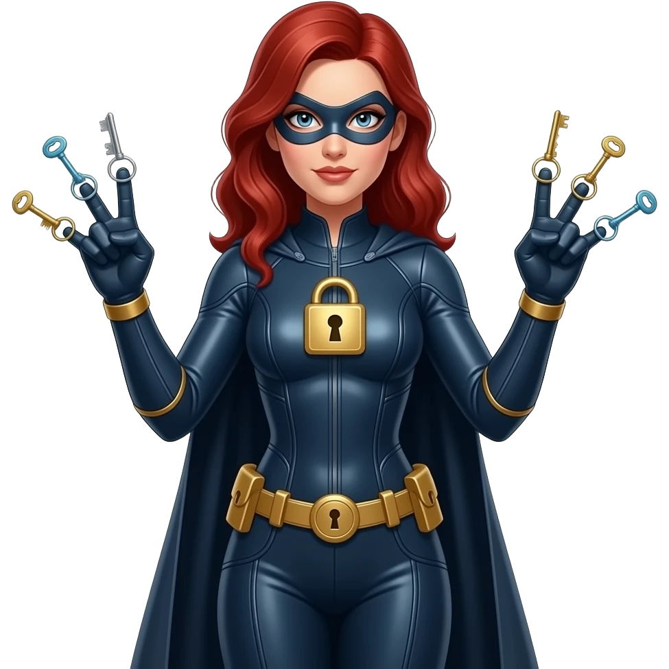 Lady Locksmith superhero, woman with fingers as different metallic keys (each unique shape), elegant and powerful, sleek suit with lock motifs, confident stance, subtle shine, high detail, cinematic lighting emoji