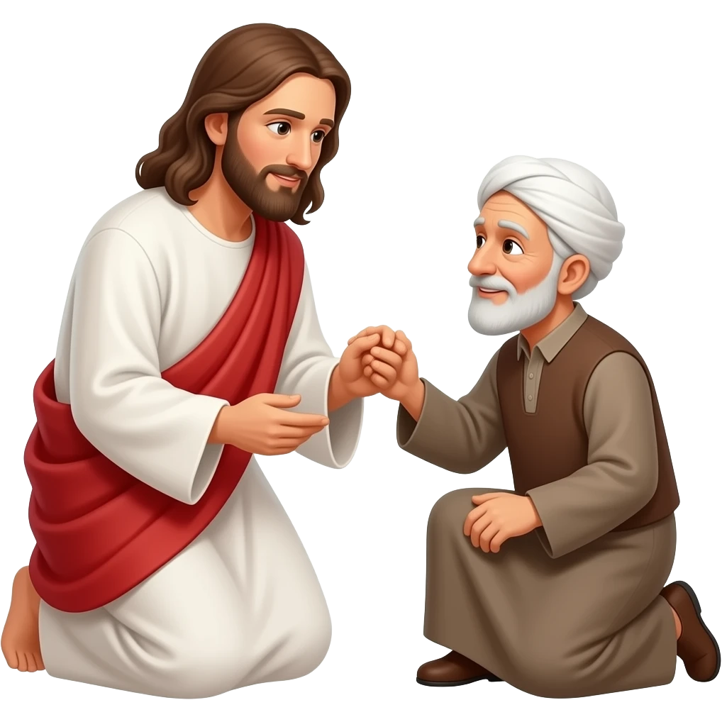Иисус поднимате за руку  с Колен пожилого мужчину мусульманина который басиком emoji