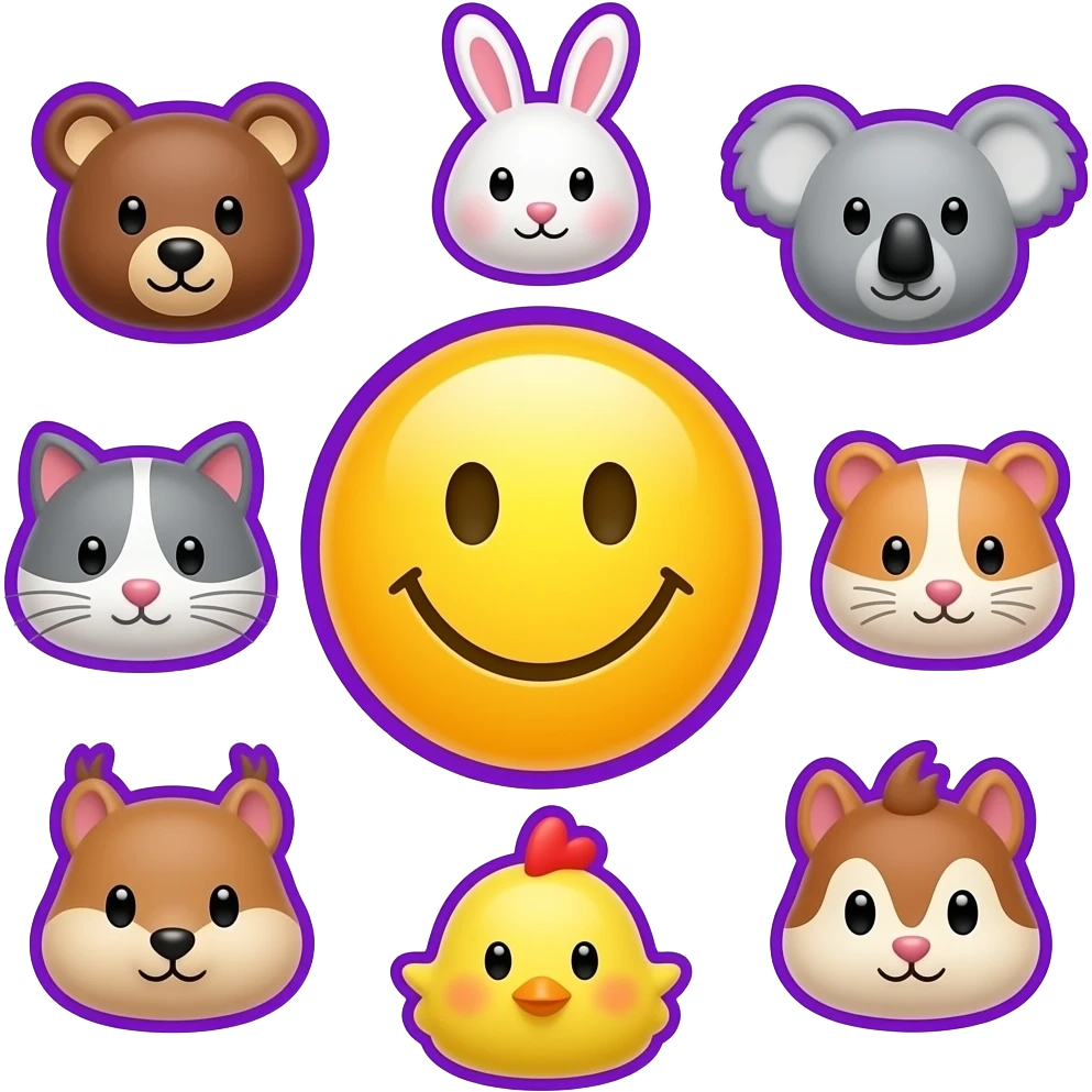 Same with this design.Yellow Smiley in the centre. The smiley  with white and purple background, circle form ,serrounded by the head only of these symbols: 🐻🐰🐨🐈🐹🐿🐥 Small size. Bright yellow background, bright purple outlines emoji