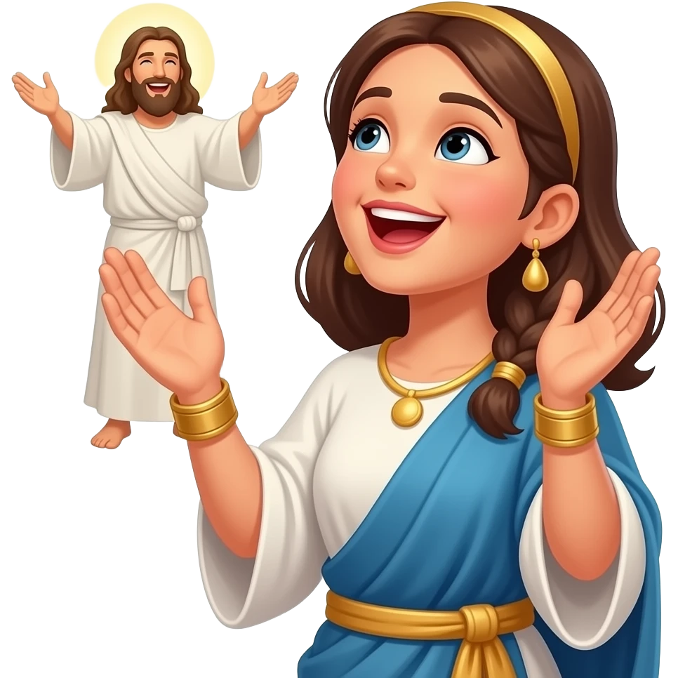 A woman wearing clothing from ancient biblical times looking up at God with his hands stretched out with a look of joy on his face singing praises to God emoji