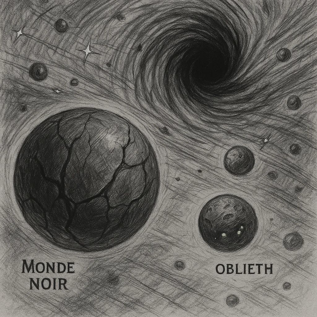 hand drawn map of dark back ward -“A dark cosmic region orbiting a massive black hole. No sunlight. A dead solar system with twisted planets and moons circling in silence. Monde Noir looms in the foreground — a cracked, obsidian planet with no atmosphere. Its moon, Oblieth, floats nearby, scarred and pitted, with faint green lights glowing from within cave openings. Stars are distorted and streaked by gravitational lensing. The entire scene is heavy, quiet, and surreal.” emoji