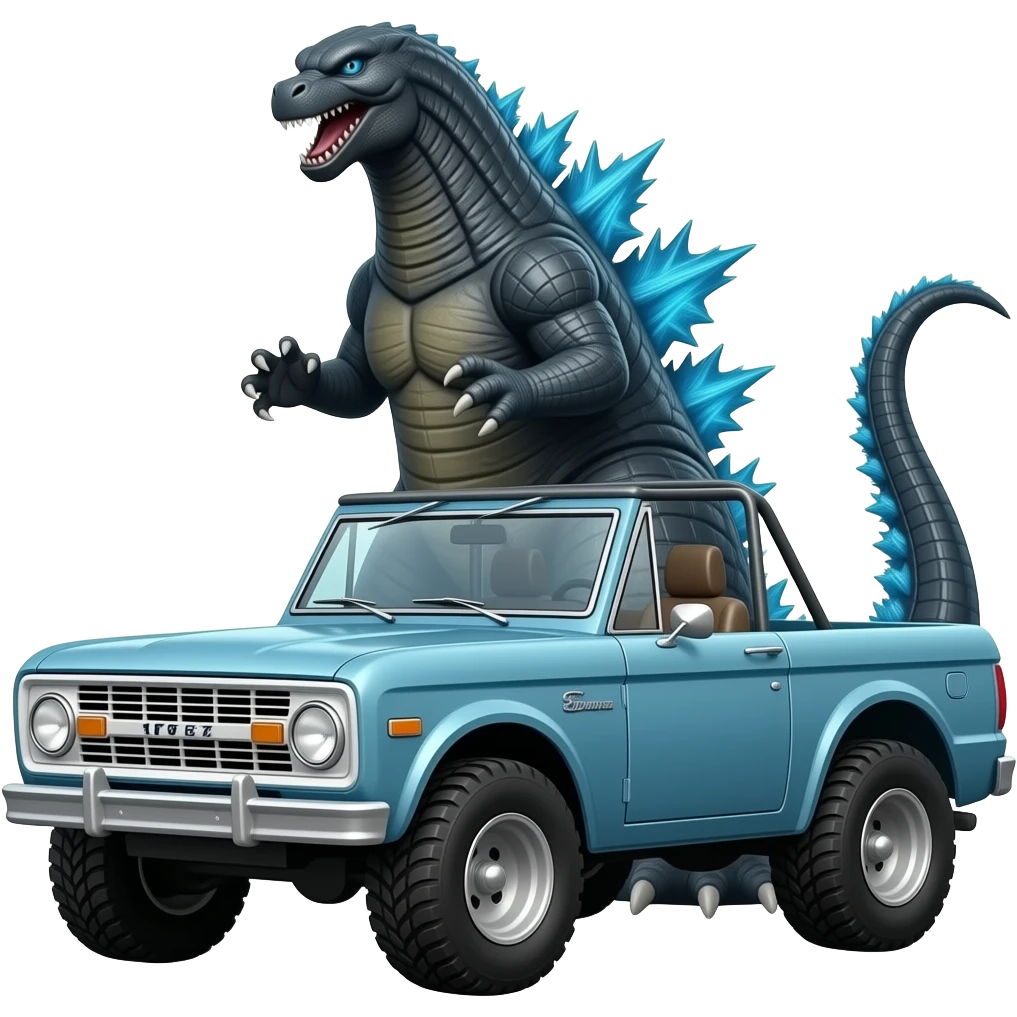 Godzilla behind 1967 convertible ford bronco in Bluetooth roll cage emoji
