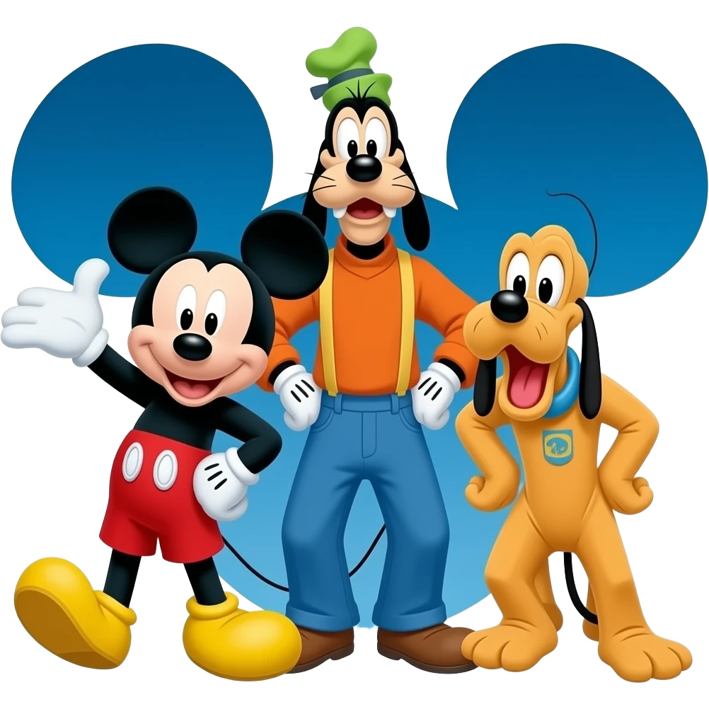 Mickey Mouse, Goofy, and Pluto Full Body from Disney/ Disney logo background on it emoji