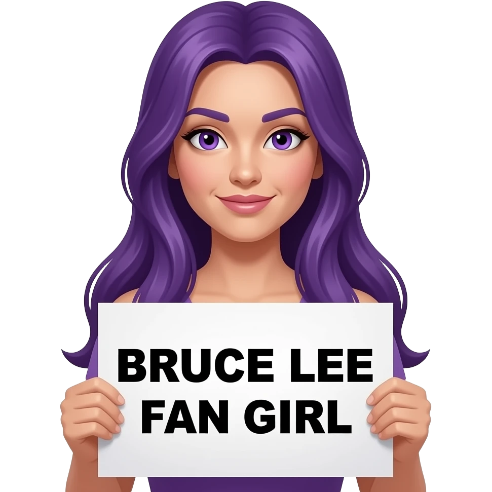 sexy girl with long purple hair and purple eyes holding BRUCE LEE FAN GIRL sign emoji