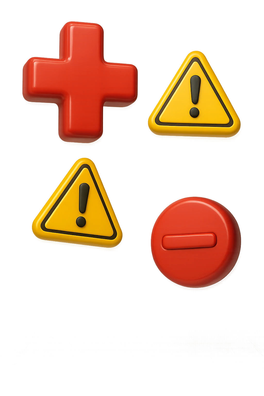 emoji stile iphone dei simboli "+" e "-" rossi in 3d che fluttuano in aria insieme a segnali di pericolo, FALLO MOLTO REALISTICO IN 3D emoji