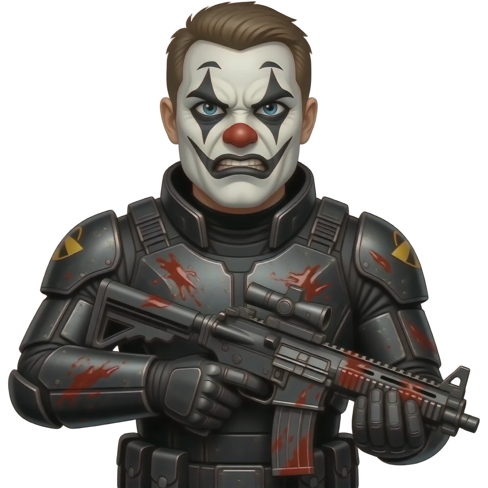 Angry Clown Space Soldier with Black and White Face paint in Black Space Armor with Laser Rifle covered in Alien blood emoji