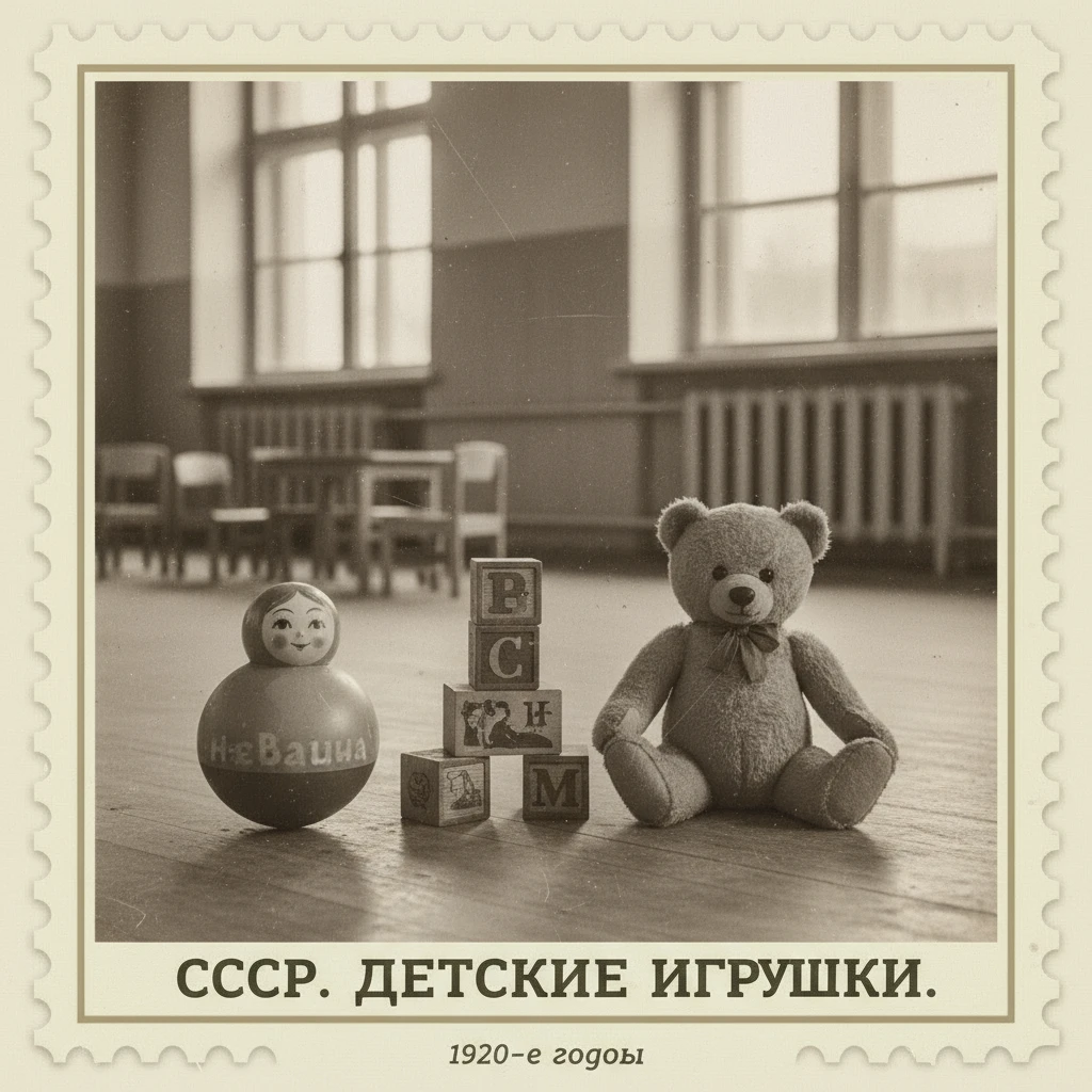 Марка на которой изображены игрушки 1920-х годов в СССР: неваляшка, кубики, медвежонок. На заднем фоне за игрушками - стульчики, батареи и окна детского сада

Стиль марки такой же, как на прикрепленном фото emoji