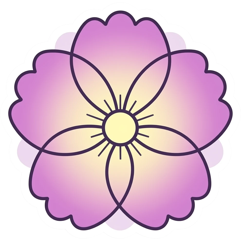 minimal line-art large petal flower sticker, elegant thin stroke, soft purple, to pink and yellow tones, clean vector design, no background, modern aesthetic. Must have no emoji faces and no emoji icons emoji
