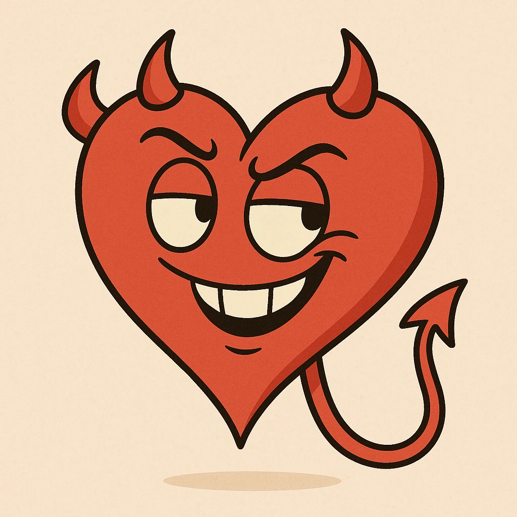 cartoon heart with devil horns and tail, bright red, playful expression emoji