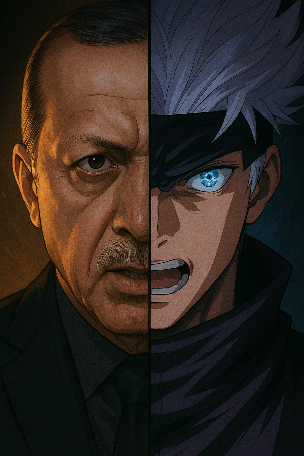 Half Recep Tayyip Erdoğan half Gojo Satoru face showing transformation, anime style, dramatic lighting emoji